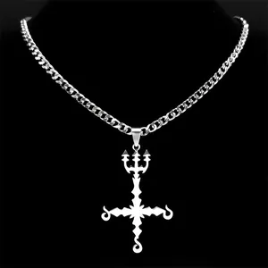 Collier pendentif croix inversée et trident gothique en acier argenté pour homme