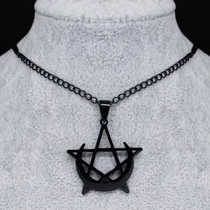 Gothic black crescent moon and pentagram pendant necklace displayed on a jewelry neck bust