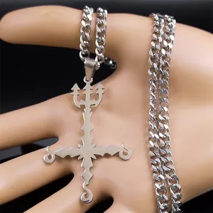 Pendentif croix inversée trident gothique argenté avec chaîne cubaine pour homme