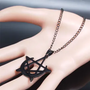 Black stainless steel gothic necklace featuring a mystical pentagram and moon pendant