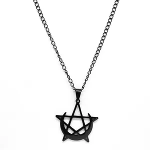 Gothic black stainless steel necklace featuring pentagram and crescent moon pendant