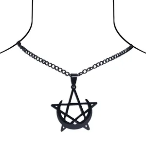 Gothic black matte stainless steel necklace with pentagram and crescent moon pendant
