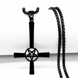 Gothic Inverted Cross Pentagram Stainless Steel Pendant Necklace For Men Women Box Chain Punk Jewelry Black Gold Silver