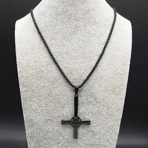 Black stainless steel inverted cross necklace with pentagram pendant on mannequin display