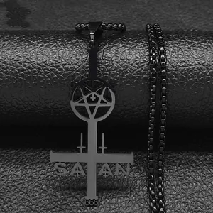 Gothic Inverted Cross Pendant Necklace Stainless Steel Pentagram Satan 666 Hidden Star Box Chain Jewelry For Men Women