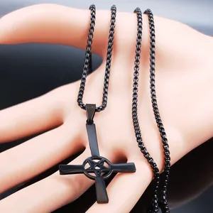 Gothic inverted cross necklace with pentagram star pendant in matte black finish