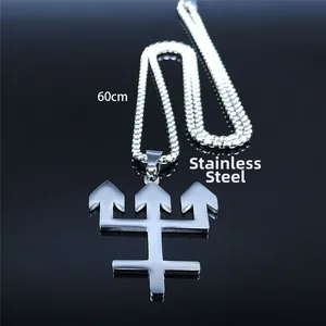 Herren Hip-Hop Dreizack Kreuz Anhänger Halskette aus 60cm Edelstahl Silberfarben
