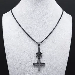 Gothic inverted cross necklace with pentagram and Satan engraving in matte black