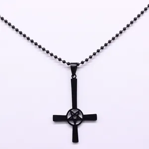 Gothic inverted cross with pentagram pendant on black bead chain necklace