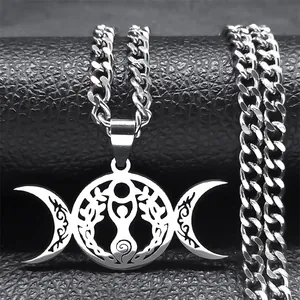 Stainless Steel Triple Moon Goddess Pendant Necklace Celtic Knot Tree Of Life Wiccan Pagan Jewelry For Men Women Silver Gold