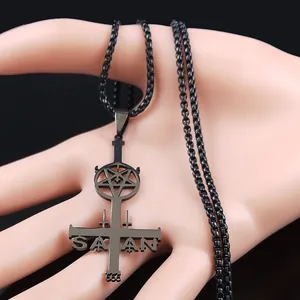 Black stainless steel inverted cross Satan pendant necklace with 666 and pentagram details