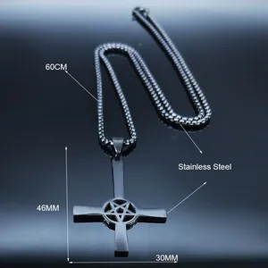 Gothic inverted cross and pentagram stainless steel pendant with 60cm ball chain