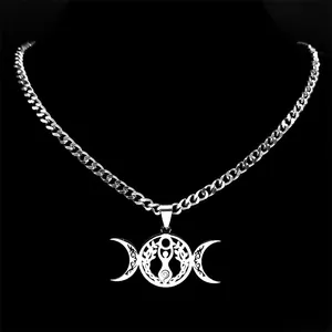 Triple Moon Triple Goddess pendant necklace with Celtic knot in silver stainless steel