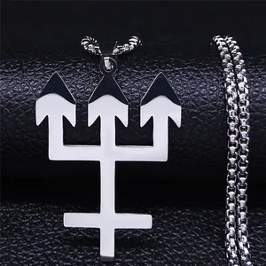 Hip Hop Stainless Steel Trident Inverted Cross Pendant Necklace For Men Gothic Punk Box Chain Jewelry Gift