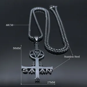 Stainless steel inverted cross necklace with pentagram, Satan text and 666 engraving