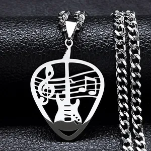 Punk Rock Stainless Steel Guitar Pick Pendant Necklace Music Note Hollow Out Hiphop Jewelry For Men Women Silver Color
