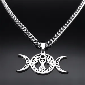 Triple Moon Goddess necklace with Celtic knot pendant in polished stainless steel