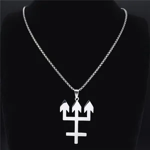 Silver stainless steel inverted trident necklace for men on black neck display stand