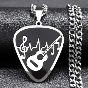 Edelstahl Gitarrenplektrum Anhänger Halskette Violinschlüssel Herzschlag Musikthema Panzerkette Schmuck Für Herren Damen Geschenk