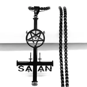 Gothic black stainless steel inverted cross necklace with pentagram and Satan engraving