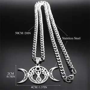 Triple Moon Goddess pendant necklace in stainless steel with Cuban chain on black background
