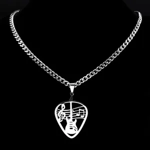 Silver guitar pick necklace with musical notes on a black display for punk rock style