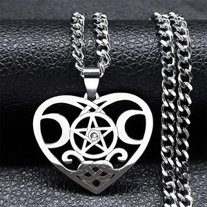 Gothic Edelstahl Dreifachmond Pentagramm Herz Anhänger Halskette Mit Zirkonia Wicca Göttin Schmuck Für Herren Damen