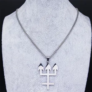 Men's hip hop inverted cross trident necklace in polished stainless steel with box chain