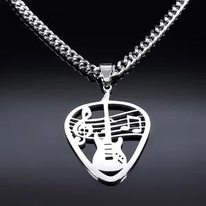 Polished stainless steel guitar pick necklace with hollow musical notes and curb chain