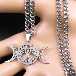 Triple Moon Goddess Tree of Life necklace in silver finish with thick curb chain