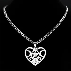Halskette mit Dreifachmond-Pentagramm-Göttin-Herzanhänger aus poliertem Edelstahl Silber