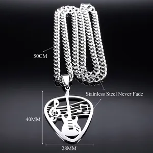 Polished stainless steel guitar pick necklace with hollowed musical notes and 50cm chain