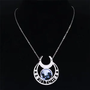 Triple Moon stainless steel necklace with Witch engraving on a black mannequin display