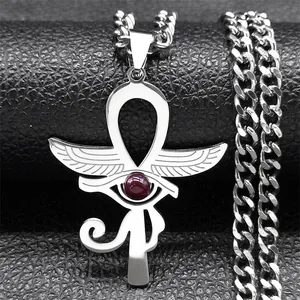 Antica Collana Pendente Egiziana Occhio Di Horus Croce Ankh Ala Per Uomo Donna Acciaio Inossidabile Vetro Rosso Gioielli