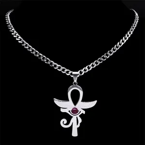 Collana Ankh in acciaio inossidabile argento con ciondolo occhio di Horus e gemma