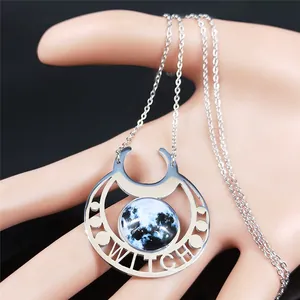 Silver stainless steel crescent moon necklace with witch engraving and moon pendant