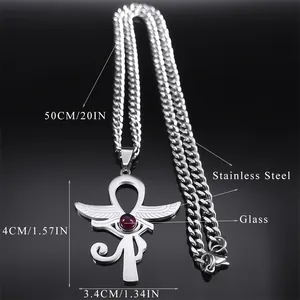 Collana Ankh egiziana antica in acciaio inossidabile con occhio di Horus e vetro rosso