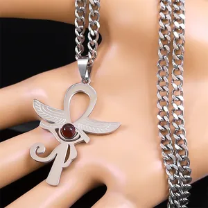 Pendaglio Ankh e Occhio di Horus in acciaio inossidabile argento con perla rossa e catena