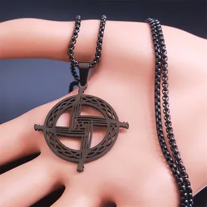 Black stainless steel Kolovrat sun wheel necklace with a square box chain pendant
