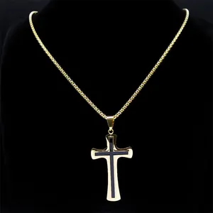 Luxuriöse goldene Edelstahl Kreuzkette mit schwarzer Emaille-Einlage für Damen und Herren