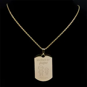 Gold stainless steel dog tag necklace for men with Meninos do Papa engraving