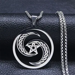 Gothische Edelstahl Keltischer Mond Pentagramm Anhänger Halskette Für Damen Geheimnisvoller Wicca Schmuck Silber Box Kette Geschenk