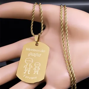 Detailed view of golden dog tag pendant with Meninos do PAPA engraving and rope chain