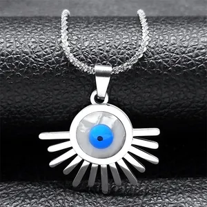 Vintage Stainless Steel Evil Eye Pendant Necklace For Men Women Sunburst Protection Turkish Eye Jewelry Amulet Gift Adjustable