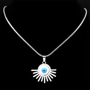 Silver stainless steel Evil Eye necklace with radiant sunburst pendant on black velvet