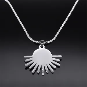 Polished stainless steel sunburst evil eye pendant necklace with a fine silver-tone twist chain