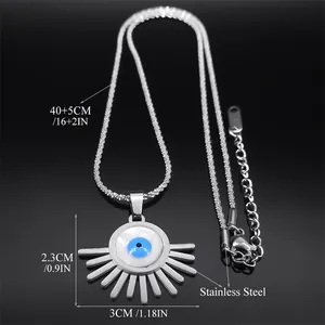 Stainless steel Turkish evil eye pendant necklace with blue eye design and sunburst rays