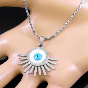Silver stainless steel Evil Eye pendant necklace with blue eye charm and twisted chain