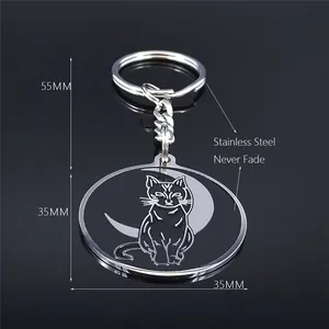 Minimalist stainless steel keychain with crescent moon and cat design pendant