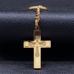 Modern Stainless Steel Cross Keychain Geometric Engraved Pattern Key Ring Religious Jewelry Accessory For Men Women Home Car Gift
